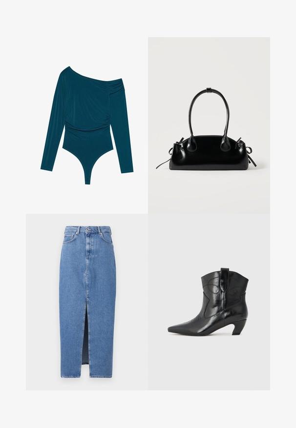 Teal langærmet bodysuit med én skulder, samlet tekstur på den ene side og glat finish. Har en thongedel i bunden.; Lyseblå denim midi-nederdel med en frontslids, klassisk fem-lomme design og lukning med topknap. Stoffet har en let struktur.; Sort læder ankelstøvle med spids tå, buede syningsdetaljer, lav blokhæl og pull tab bagpå, med en blank overflade.; Lille sort blank håndtaske med to lange håndtag og snøre-detaljer i siden på en ensfarvet lys baggrund.