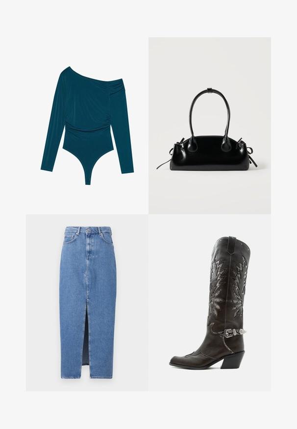 Türauer Langarm-Bodysuit mit einem Schulterdesign, geraffter Textur auf einer Seite und glatter Oberfläche. Verfügt über einen Tanga-Schnitt am unteren Ende.; Hellblaues Denim-Midi-Rock mit einem vorderen Schlitz, klassischem Fünf-Taschen-Design und einem oberen Knopfverschluss. Der Stoff hat eine leichte Textur.; Schwarzer Leder-Cowboystiefel mit dekorativen Ausschnitten, silberner Schnalle und schräger Ferse, auf weißem Hintergrund dargestellt.; Kleine schwarze glänzende Handtasche mit zwei langen Griffen und seitlichen Kordelzug-Details vor einfachem hellem Hintergrund.