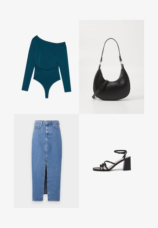 Teal lang-van-mouw bodysuit met een schouderontwerp, gerimpelde textuur aan één kant en een gladde afwerking. Beschikt over een slipcut aan de onderkant.; Lichtblauwe denim midi-jurk met een voorkant split, klassieke vijf zakken ontwerp en sluiting met bovenste knoop. De stof heeft een lichte textuur.; Zwarte hakken sandalen met meerdere dunne bandjes, vierkante neus en een blokhak, met een verstelbare enkelband. Glad leren textuur.; Zwarte leren handtas met een gebogen vorm, uitgerust met een bovenste ritsluiting, een kort handvat en een afneembare schouderband. Gouden hardware accenten.