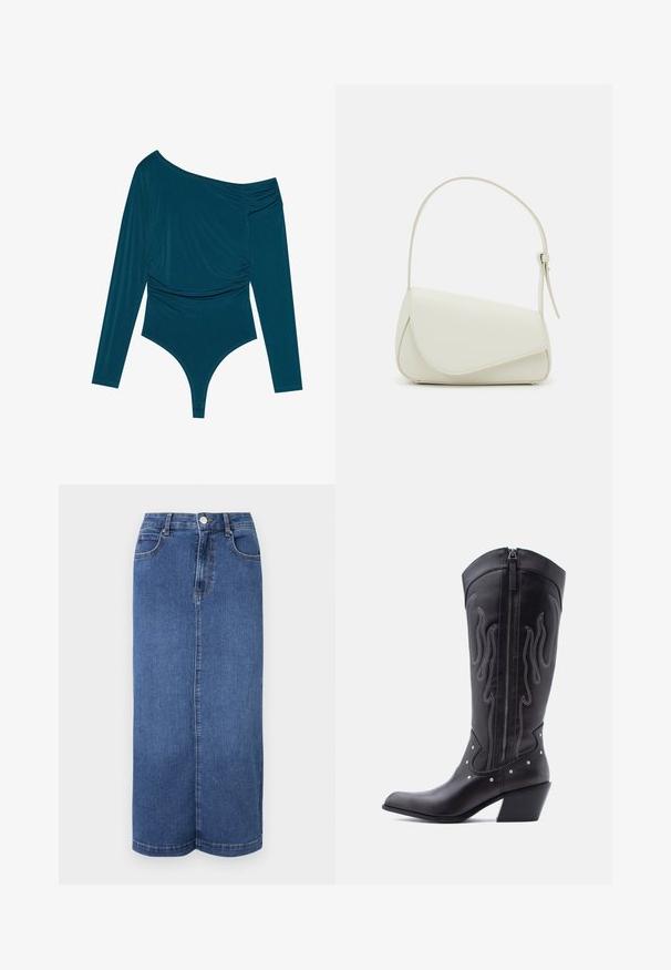 Teal langærmet bodysuit med én skulder, samlet tekstur på den ene side og glat finish. Har en thongedel i bunden.; Mørkeblå denim maxiskørt med lige snit, talje med knaplukning og minimale syninger.; Sorte cowboystøvler i læder med spids tå, synlige sømme, sølvfarvede nitte-detaljer og lynlås på den indvendige side.; Hvid taske i faux læder med en struktureret trekantet form, enkelt justerbart skulderstrop og en flaplås med kurver.