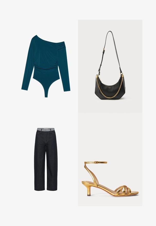 Teal langærmet bodysuit med én skulder, samlet tekstur på den ene side og glat finish. Har en thongedel i bunden.; Mørkeblå jeans med vide ben og lysegrå taljebånd samt forlommer, vist mod en hvid baggrund.; Guldmetallisk sandal med lav hæl, tynd ankelrem og tre frontremme mod en ensfarvet lys baggrund.; Sort skuldertaske i læder med guld kædedetalje og justerbar rem, med lynlåslukning og diskret brandlogo på fronten.