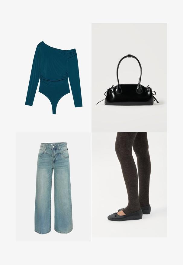 Teal lang-van-mouw bodysuit met een schouderontwerp, gerimpelde textuur aan één kant en een gladde afwerking. Beschikt over een slipcut aan de onderkant.; Lichtblauwe wijde spijkerbroek met hoge taille, knoop- en ritssluiting aan de voorkant en steekzakken, getoond op een effen achtergrond.; Benen met donkere geribbelde leggings gecombineerd met zwarte ballerina's met kleine strikdetails op een witte achtergrond.; Kleine zwarte glanzende handtas met twee lange hengsels en zijkant trekkoord details op een effen lichte achtergrond.