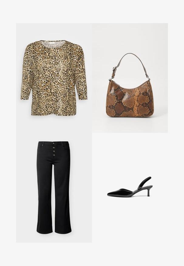 Luipaardprint top met driekwartmouwen, voorzien van een ronde halslijn en een losse pasvorm, op een effen witte achtergrond.; Zwarte rechte broek met hoge taille, vier zichtbare knopen aan de voorkant en voor- en achterzakken op een lichtgrijze achtergrond.; Zwarte gepolijste leren slingback hakken met een puntige neus, een lage stiletto hak en een elegant, eenvoudig ontwerp zonder versieringen.; Kleine handtas met een bruin en zwart slangenprintpatroon, korte verstelbare schouderriem en ritssluiting.