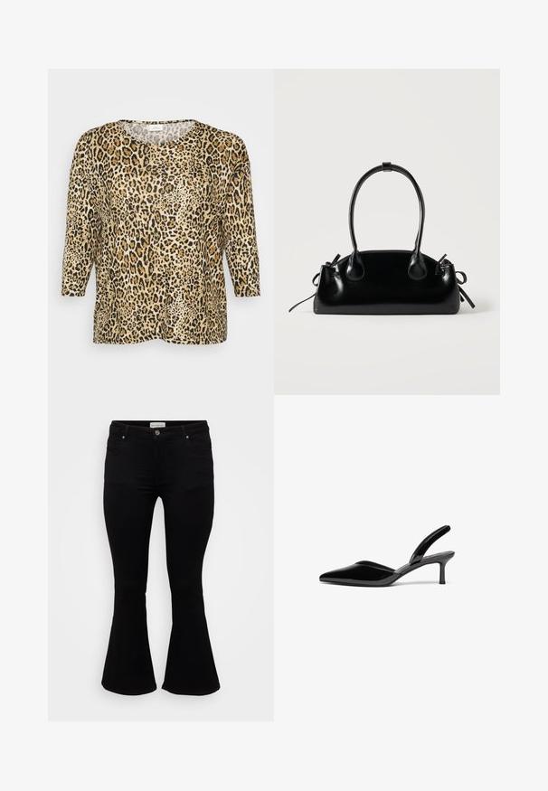 Leopardprint top med trekvartærmer, med en rund halsudskæring og en afslappet pasform, sat mod en simpel hvid baggrund.; Sorte flare jeans lavet af blød denim, med en tætsiddende talje, frontlommer og en flagrende kant for en afslappet pasform.; Sorte patentlæder slingback hæle med spids tå, lav stiletto hæl og et elegant, enkelt design uden pynt.; Lille sort blank håndtaske med to lange håndtag og snøre-detaljer i siden på en ensfarvet lys baggrund.