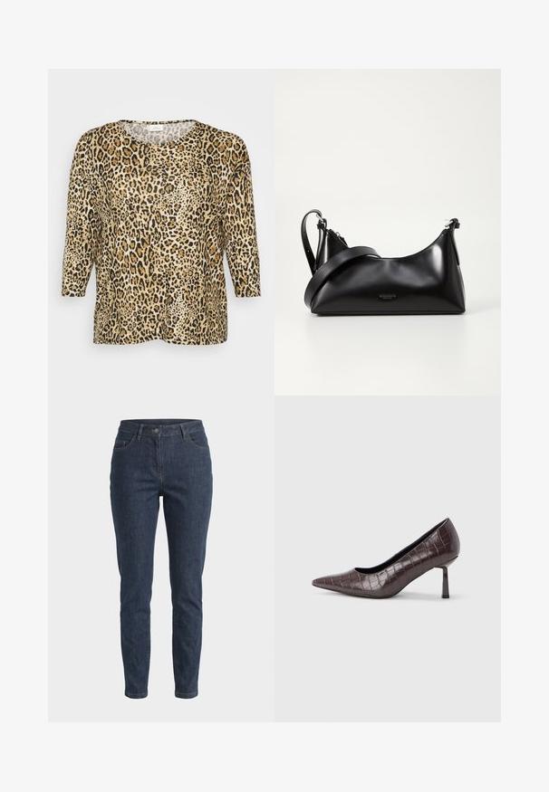 Luipaardprint top met driekwartmouwen, voorzien van een ronde halslijn en een losse pasvorm, op een effen witte achtergrond.; Donkerblauwe slim-fit denim jeans met knopen aan de voorkant, riemlussen en vijf zakken, weergegeven tegen een effen lichte achtergrond.; Bruine nepleren pumps met een puntige neus en krokodillenstructuur, voorzien van een slanke, hoekige hak en een gladde binnenvoering.; Zwarte leren handtas met een gladde textuur. Beschikt over een verstelbare schouderband en een strak, minimalistisch ontwerp met een ritssluiting.