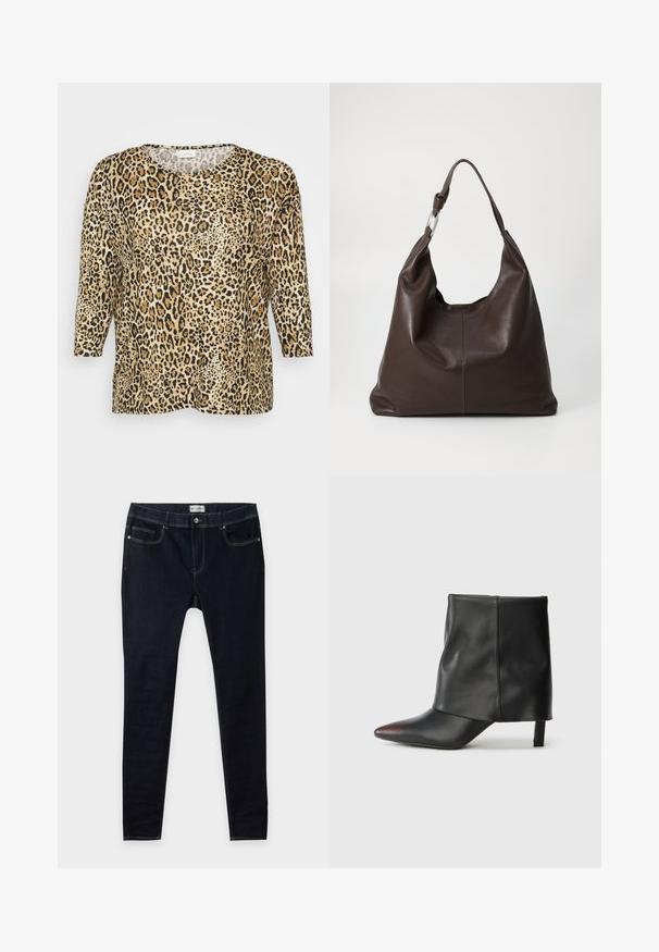 Leopardprint top med trekvartærmer, med en rund halsudskæring og en afslappet pasform, sat mod en simpel hvid baggrund.; Mørkeblå slim-fit cowboybukser med frontlommer, knaplukning og synlige sømme på en ensfarvet baggrund.; Sort ankelstøvle lavet af glat læder med spids tå og tilspidset hæl. Overdelen har et let rynket design.; Zign LEATHER - Shopping bags - chocolate brown