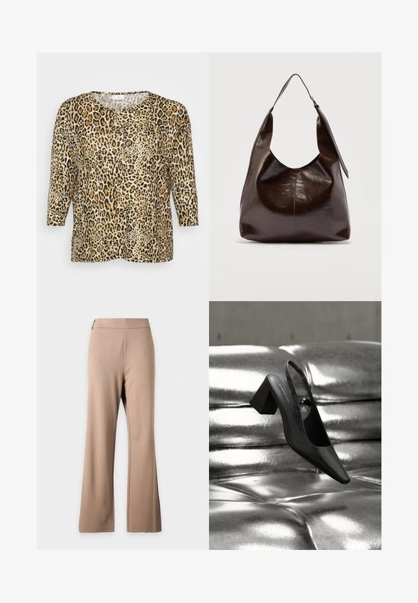 Leopardprint top med trekvartærmer, med en rund halsudskæring og en afslappet pasform, sat mod en simpel hvid baggrund.; Beige bukser med vide ben og høj talje, synligt søm midt foran, og en glat, simpel stofstruktur.; Sort slingback-hæl med spids tå, der har en tekstureret overflade og en chunky blokhæl. Lagt mod en skinnende, metallisk baggrund.; Mørkebrunt, skinnende læder skuldertaske med en enkelt bred rem og spændedetalje på den ene side, sat mod en ensartet lys baggrund.