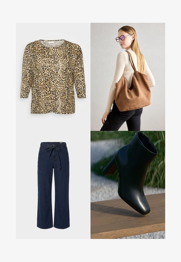 Oberteil mit Leopardenmuster und Dreiviertelärmeln, das einen runden Ausschnitt und eine lockere Passform aufweist, vor einem schlichten weißen Hintergrund.; Dunkelblaue, weite Jeanshosen mit seitlichen Taschen und einem Stoffgürtel, der in einer Schleife an der Taille gebunden ist.; Schwarze Leder-Stiefelette mit Blockabsatz, die auf einer Holzbank im Freien steht, mit Gras und weißen Steinen im Hintergrund.; Braune Wildleder-Tasche mit weicher Textur, großer Öffnung und langen Trägern. Sie verfügt über ein simples Design mit sichtbarem Stich und ohne Beschläge.