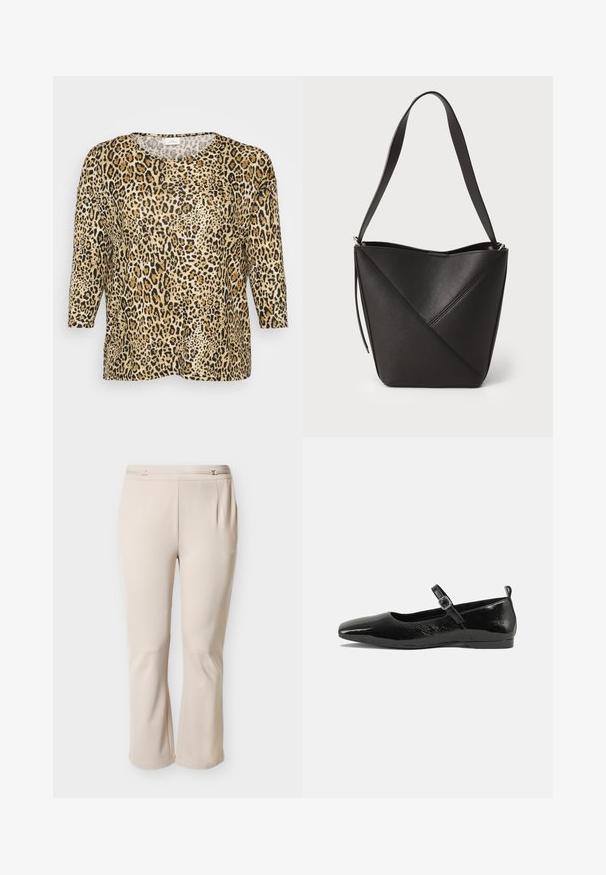 Leopardprint top med trekvartærmer, med en rund halsudskæring og en afslappet pasform, sat mod en simpel hvid baggrund.; Beige dames bukser med lige ben, subtile folder og smalle dekorative guldlåse i taljebåndet, vist mod hvid baggrund.; Sorte patentlæder flade sko med spidse tæer, en ankelrem med spænde og en glat, blank tekstur. Lav hæl for komfort.; Sort læder bucket bag med diagonalt sømdesign, enkelt skulderrem og åben top, der fremviser en glat tekstur.