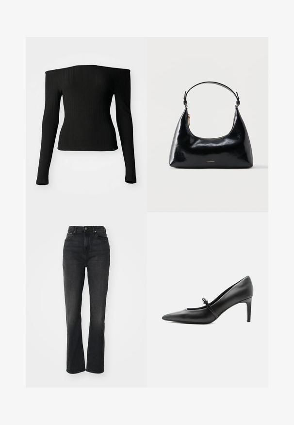Sort langærmet top lavet af ribbet stof med off-the-shoulder halsudskæring, tætsiddende design og lige kant. Diskret mærke i bunden.; Højtaljede sorte denim jeans med lige ben, fem-lomme design, frontlukning med knap og minimal syning.; Sort læderspids højhælede sko med tynd rem og spænde over vristen, stående på en neutral lys baggrund.; Sort blank Calvin Klein håndtaske med gyldent lynlås og kort rem mod en ensfarvet hvid baggrund.
