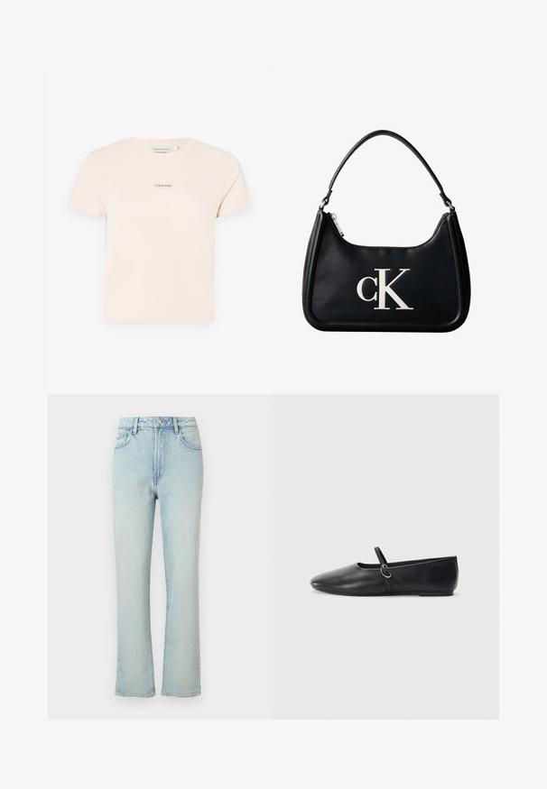 Camiseta de algodón color rosa claro con mangas cortas y cuello redondo. Presenta un pequeño logo de Calvin Klein en el área del pecho.; Vaqueros azul claro de tiro alto y pierna recta con botón frontal, trabillas para cinturón y diseño clásico de cinco bolsillos sobre un fondo liso.; Bailarinas de cuero negro con punta afilada, suela plana y una pequeña correa con detalle de hebilla plateada.; Bolso de hombro de cuero negro con cremallera plateada y logo "cK" blanco centrado en el frente.
