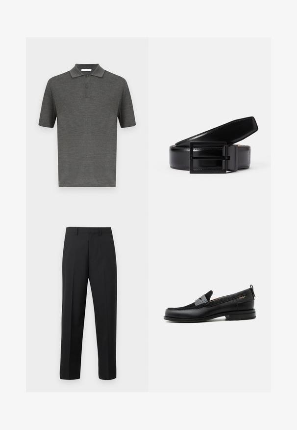 Polo-shirt gris foncé en tissu texturé, avec un col, trois boutons et des manches courtes.; Pantalon droit noir avec passants de ceinture, pli avant et braguette zippée sur fond blanc.; Mocassin en cuir noir avec détail de bride grise, talon bas et semelle texturée, marqué "HUGO" en or sur le côté.; Ceinture en cuir noir avec une finition lisse, dotée d'une boucle en métal noir carré. La ceinture présente des coutures discrètes et un design classique.