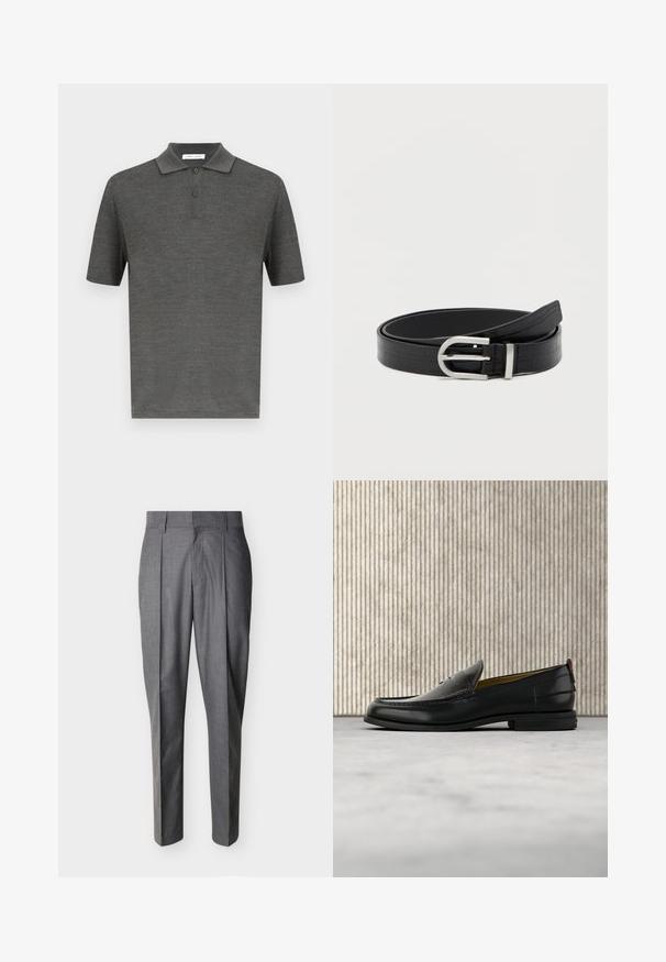 Polo-shirt gris foncé en tissu texturé, avec un col, trois boutons et des manches courtes.; Pantalon de tailleur gris avec plis et passants pour ceinture, présenté à plat sur un fond blanc.; Mocassin pour homme en cuir noir avec un dessus embossé effet croco et un petit talon, présenté de profil sur un fond neutre.; Ceinture en faux cuir noir avec texture crocodile et boucle ronde en argent, enroulée sur un fond blanc uni.
