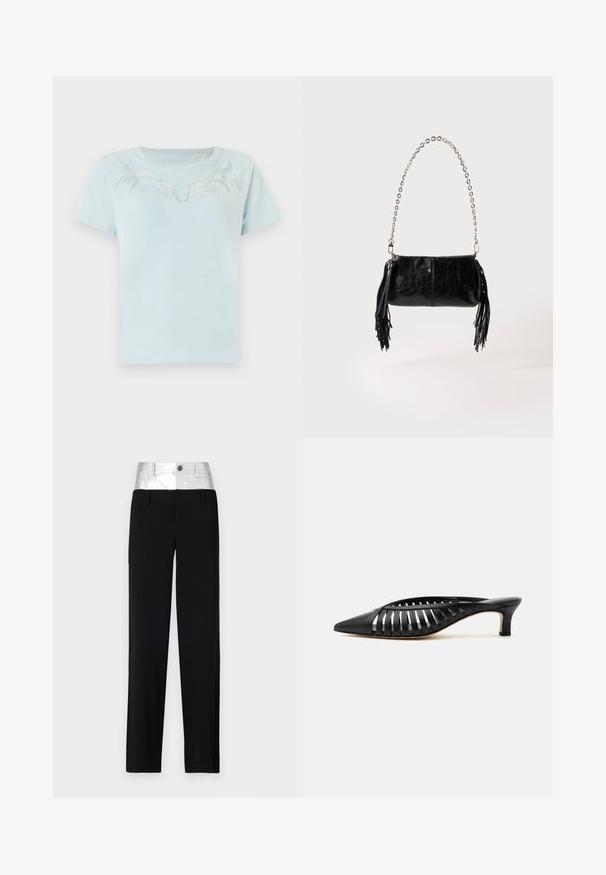 T-shirt en coton bleu clair à manches courtes et col rond, ornée d'un design brodé blanc complexe sur la poitrine.; Pantalon noir avec une taille en argent brillant. Doté d'une fermeture à bouton et de quatre poches, avec une coupe ajustée et un design à jambe droite.; Mule en cuir noir avec bout pointu, design découpé à brides et petit talon kitten sur fond blanc.; Petit sac à main en cuir noir avec bandoulière chaîne argentée et pompons en cuir noir de chaque côté, sur un fond clair uni.
