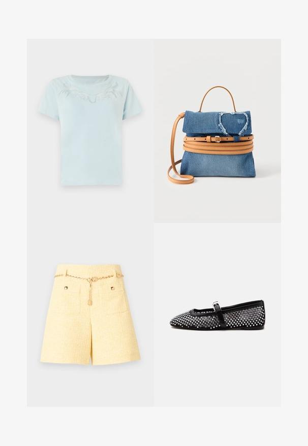 T-shirt en coton bleu clair à manches courtes et col rond, ornée d'un design brodé blanc complexe sur la poitrine.; Shorts taille haute texturés jaunes avec poches avant et ceinture fine en chaîne dorée ornée de détails en forme de breloques circulaires.; Chaussure plate Mary Jane noire avec des clous ronds argentés couvrant la tige et une fine bride avec une petite boucle argentée.; Petit sac à main en denim bleu avec des bretelles en cuir marron clair et un détail de ceinture, doté d'un patch en forme de cœur effiloché sur le rabat.