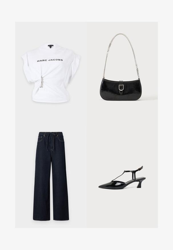 Top sans manches blanc Marc Jacobs avec texte du logo noir et détail d'épingle à nourrice argentée resserrant le tissu à la taille gauche.; Pantalons en denim larges de couleur bleu foncé avec une taille à cordon de serrage, conception standard à cinq poches et détails de couture contrastés.; Chaussure slingback en cuir verni noir à bout pointu avec bride en T et petit talon bloc incliné sur fond blanc.; Sac à épaule en cuir verni noir avec détail de boucle argentée et bandoulière en chaîne argentée, présenté sur un fond uni clair.