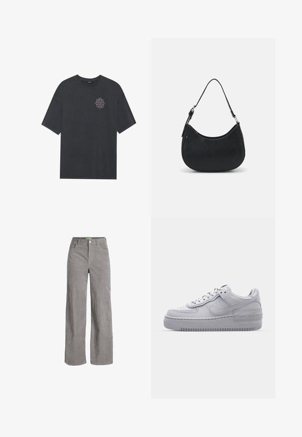 T-shirt en coton gris foncé avec un col rond et des manches courtes, présentant un graphique de soleil blanc sur le côté gauche de la poitrine.; Pantalons larges en velours côtelé gris avec une fermeture à bouton et des passants de ceinture. Comprend deux poches latérales et un tissu doux et texturé.; Basket en cuir lisse gris Nike Air Force 1 avec un bout perforé, une semelle épaisse et un détail 'AIR' en relief sur le talon.; Sac hobo noir en cuir lisse avec une silhouette arrondie, doté d'une seule sangle ajustable et de détails de design minimalistes.