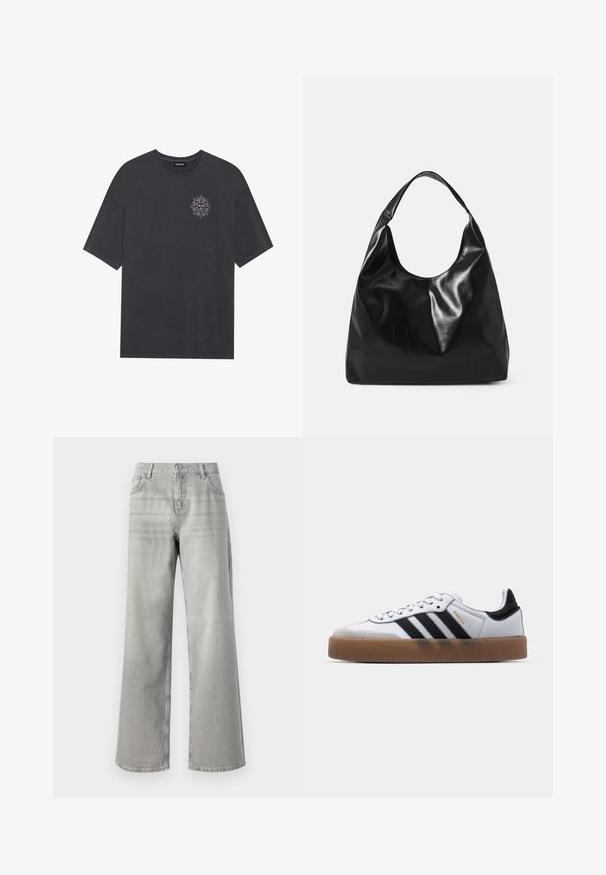 T-shirt en coton gris foncé avec un col rond et des manches courtes, présentant un graphique de soleil blanc sur le côté gauche de la poitrine.; Jean grise à jambes larges avec taille haute, en denim. Comprend deux poches avant et un design épuré, sans ornements.; Baskets en cuir blanc avec des rayures noires, semelle extérieure en caoutchouc beige, bout rond, fermeture lacée et embout en suède gris doux.; Sac hobo en cuir noir avec une texture douce et brillante et un haut ouvert arrondi. Dispose d'une large sangle courbée pour le transport. Pas de matériel visible.