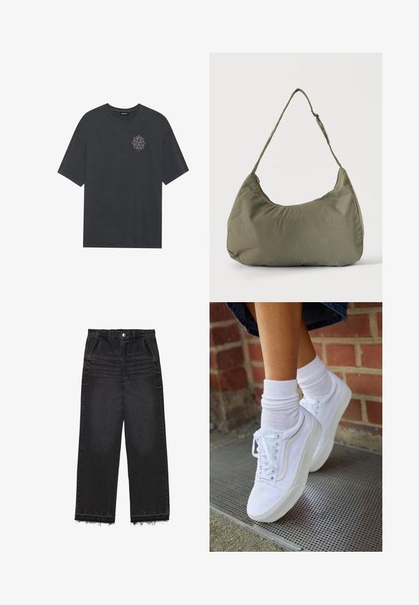 T-shirt en coton gris foncé avec un col rond et des manches courtes, présentant un graphique de soleil blanc sur le côté gauche de la poitrine.; Pantalon en denim noir à coupe droite. Doté d'une taille haute, d'un ourlet effiloché et d'une texture légère délavée sur l'ensemble. Poches avant incluses.; Baskets en toile blanches avec semelles en caoutchouc, dotées de six œillets, d'un bout rond et de détails de couture légers, portées avec des chaussettes blanches mi-mollet.; Sac à épaule en tissu doux vert olive avec fermeture éclair et bandoulière réglable sur un fond uni clair.