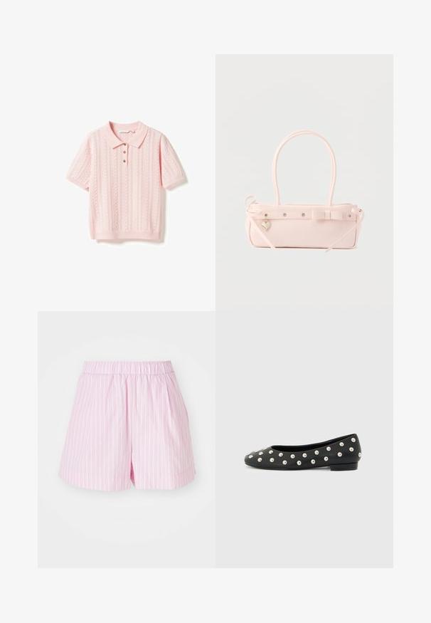 Polo en maille rose clair à manches courtes avec des motifs torsadés et ajourés, poignets et ourlets côtelés, et trois boutons marron sur la patte de boutonnage.; Shorts roses clairs avec des rayures verticales blanches, dotés d'une taille élastique et d'une coupe ample, fabriqués en tissu doux et léger.; Chaussure plate noire avec des clous ronds argentés répartis uniformément sur toute la surface, talon bas et bout arrondi, vue de côté sur fond blanc.; Sac à main rectangulaire rose pâle avec double poignée, nœud décoratif, œillets métalliques et petit charm en forme de cœur sur un fond uni.