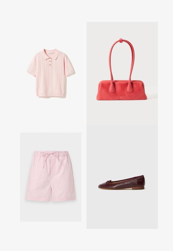 Polo en maille rose clair à manches courtes avec des motifs torsadés et ajourés, poignets et ourlets côtelés, et trois boutons marron sur la patte de boutonnage.; Short rose clair avec fines rayures rouges verticales et taille élastique avec cordon à nouer au centre devant.; Ballerine en cuir bordeaux avec un bout pointu, un petit nœud décoratif et une finition texturée. Petit talon en bois.; Sac à main en cuir rouge avec une longue poignée fine bouclée et fixée en haut, présenté sur un fond clair uni.