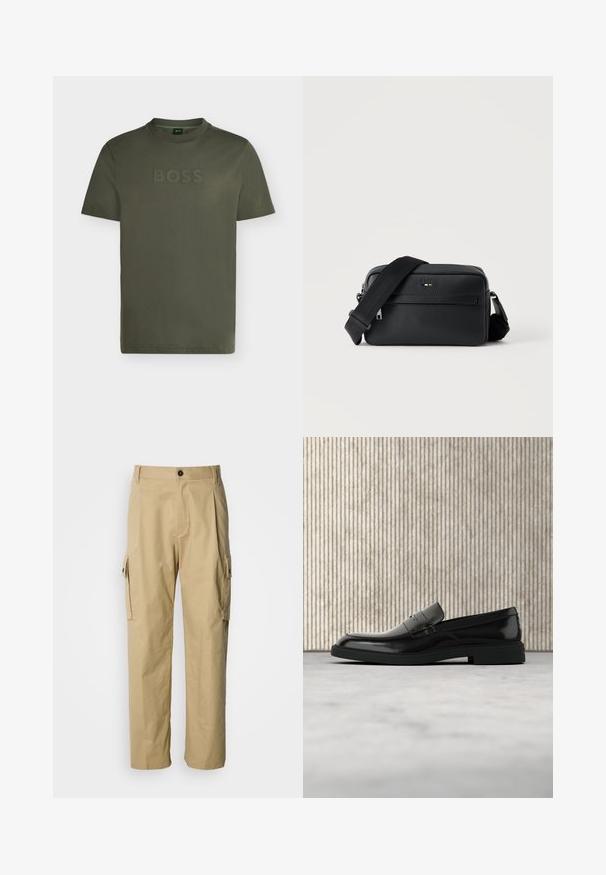 T-shirt homme vert olive à col rond, manches courtes et logo surélevé "BOSS" sur la poitrine.; Pantalon cargo beige en tissu résistant, avec une coupe décontractée, des poches latérales et une fermeture par bouton à la taille.; Mocassin en cuir noir poli flottant au-dessus d'un tapis beige avec un mobilier translucide orange en arrière-plan.; Sac bandoulière en cuir noir texturé avec poche avant zippée et bandoulière large en tissu réglable sur fond blanc.