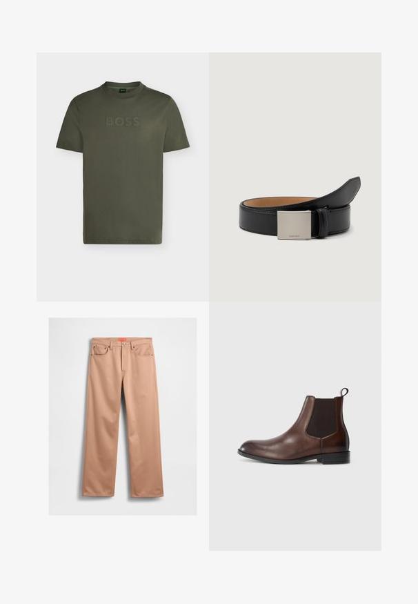 T-shirt homme vert olive à col rond, manches courtes et logo surélevé "BOSS" sur la poitrine.; Pantalon beige à jambe large avec une texture lisse, doté d'une fermeture à bouton, de cinq poches et d'une étiquette rouge contrastante à la taille.; Bottines Chelsea en cuir marron avec des panneaux élastiques sur les côtés, bout arrondi, languette de tirage et un léger talon avec une semelle texturée.; Ceinture en cuir noir au fini lisse, avec une boucle carrée en argent gravée "Calvin Klein" et une doublure intérieure en marron.