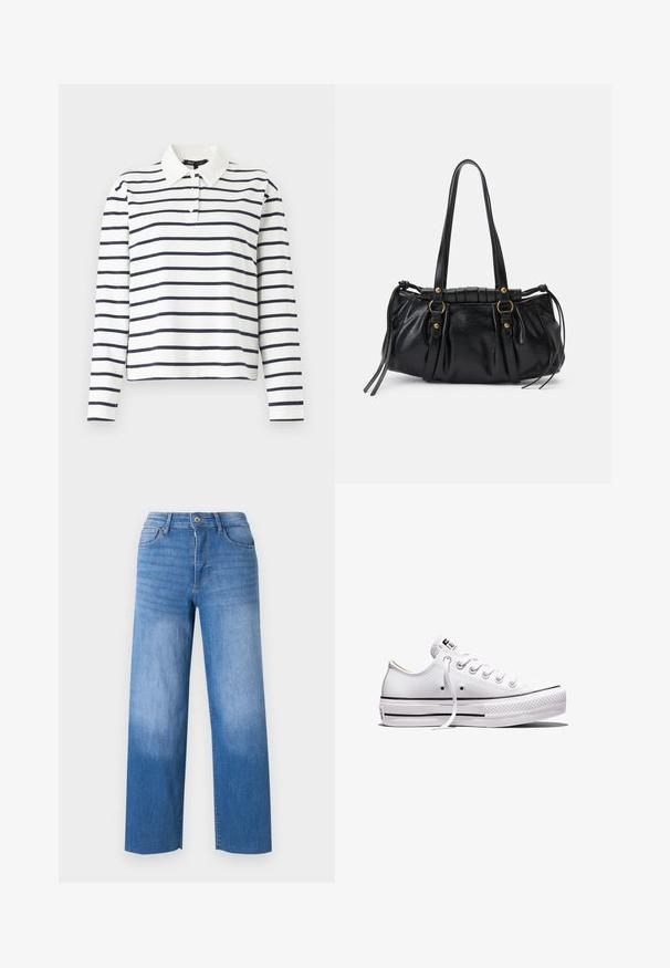 Polo à manches longues en blanc avec des rayures horizontales bleu marine, doté d'un col et d'une patte de boutonnage à trois boutons. Matière en coton.; Jean en denim bleu clair à jambe large, avec cinq poches, un zip sur le devant et un léger délavage sur les cuisses. Finitions propres.; Baskets basses en toile blanche avec lacets blancs, semelle en caoutchouc, détails à rayures noires, et écusson logo sur la languette et le talon.; Sac à main en cuir noir avec une forme arrondie, deux poignées, des accents en matériel décoratif et des détails de liens sur les côtés. Texture lisse et brillante.