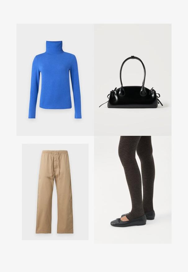 Pull à col roulé bleu à manches longues en tissu lisse, avec une coupe ajustée, un col montant et un ourlet droit.; Pantalon marron clair à coupe ample avec taille élastique et cordon à l’avant, en tissu léger, présenté sur un fond uni.; Jambes portant des leggings côtelés foncés associés à des ballerines noires avec de petits détails en nœud sur fond blanc.; Petit sac à main noir brillant avec deux longues anses et des détails à cordon sur les côtés sur un fond clair uni.