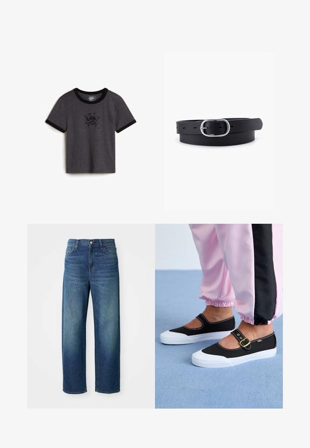T-shirt en coton gris avec encolure et poignets côtelés noirs ; dispose d'un motif graphique représentant un crâne avec des étoiles et une accentuation rouge.; Jean en denim bleu, design à jambes larges, taille mi-haute, décoloration subtile, style cinq poches, avec fermeture à bouton et à glissière, ourlet droit.; Baskets noires en toile avec une semelle blanche, présentant un design découpé et une sangle en boucle dorée. Portées avec un pantalon de survêtement rose.; Ceinture en cuir noir au toucher lisse, boucle en métal argenté de forme ovale et plusieurs trous d'ajustement le long de la sangle. Design plat et minimal.