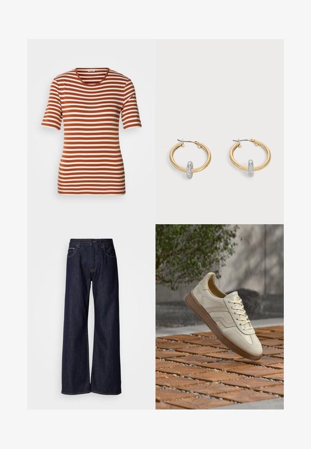 T-shirt rayé présentant des couleurs rouille et crème alternées, à manches courtes, un col rond et un tissu doux et texturé.; Jean en denim noir à jambes larges et taille haute, avec poches avant et détails de couture subtils. Texture lisse avec une coupe classique.; Baskets couleur crème avec une semelle extérieure en caoutchouc beige texturée, un design à lacets et un marquage subtil sur le côté. Tige en cuir lisse.; Paire de boucles d'oreilles créoles dorées avec un petit détail boucle ton argent sur chaque, exposées sur fond gris clair.