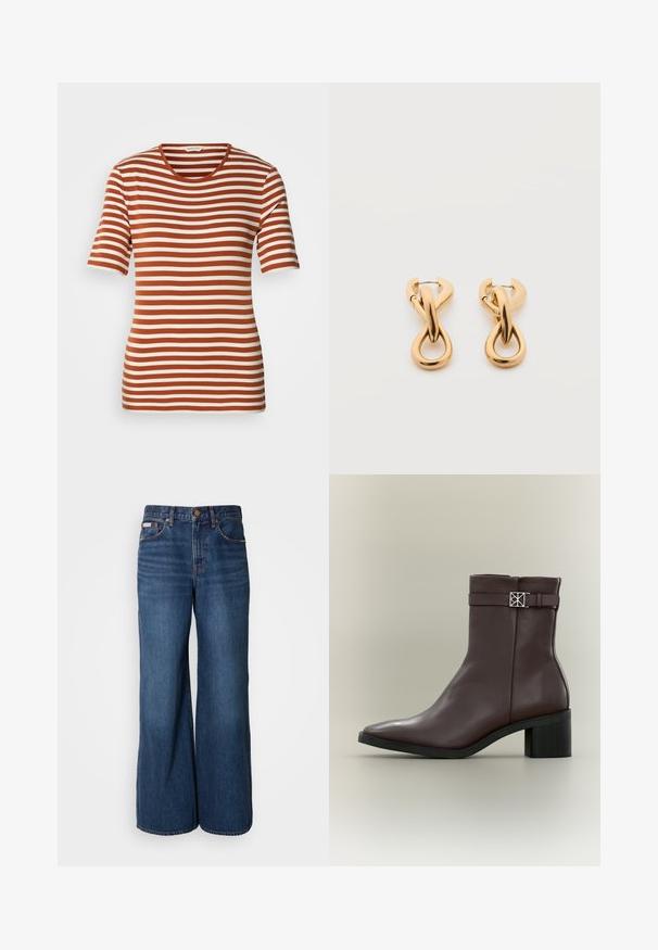 T-shirt rayé présentant des couleurs rouille et crème alternées, à manches courtes, un col rond et un tissu doux et texturé.; Jean large en denim bleu foncé. Les caractéristiques incluent une taille haute, cinq poches et des coutures contrastantes orange le long des coutures.; Bottine en cuir marron foncé à talon bloc, bout pointu et bride décorative avec boucle carrée argentée sur fond neutre.; Paire de boucles d'oreilles créoles en bouclettes dorées brillantes sur fond blanc uni, présentant un design torsadé entrelacé.