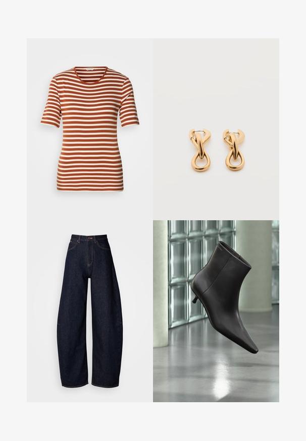 T-shirt rayé présentant des couleurs rouille et crème alternées, à manches courtes, un col rond et un tissu doux et texturé.; Jeans en denim bleu foncé à jambes larges, avec une taille haute, une coupe droite, un design à cinq poches et des coutures contrastées.; Bottine en cuir noir avec bout pointu et petit talon, présentée devant un mur en blocs de verre et un sol poli.; Paire de boucles d'oreilles créoles en bouclettes dorées brillantes sur fond blanc uni, présentant un design torsadé entrelacé.