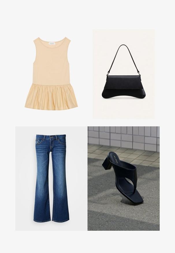 Haut sans manches avec une partie supérieure ajustée en maille côtelée de couleur beige clair et une jupe évasée, brillante et froncée dans une teinte assortie.; Jeans en denim évasés bleu foncé, dotés d'un design classique à cinq poches, fermeture à boutons et surpiqûres contrastantes. Texture lisse.; Sandale à talon noire avec bout carré et large bride, posée sur un bitume gris près d'un mur carrelé.; Sac à main en cuir noir avec un fond arrondi, une fermeture à rabat et une seule fine bandoulière, sur un fond clair uni.