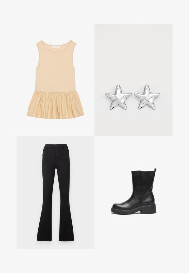Haut sans manches avec une partie supérieure ajustée en maille côtelée de couleur beige clair et une jupe évasée, brillante et froncée dans une teinte assortie.; Jean noir évasé en denim avec une texture lisse. Détail remarquable : petits clous sur le devant. Fermeture par bouton à la taille.; Bottine en cuir noir avec une texture lisse, bout rond, panneaux élastiques latéraux et un large talon compensé. Équipée d'une languette de tirage.; Boucles d'oreilles argentées en forme d'étoile, avec une surface lisse et brillante. Chaque boucle d'oreille possède cinq pointes et des détails subtils de texture de surface.