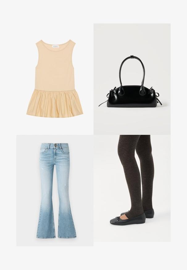 Ärmløs top med en tætsiddende ribbet overdel i lys beige og en flagrende, skinnende, samlet nederdel i en matchende nuance.; Lyseblå denim flared jeans med høj talje, der har diskrete slidninger, to-knaps lukning og et klassisk fem-lomme design.; Ben iført mørke ribbede leggings kombineret med sorte balletsko med små sløjfedetaljer på hvid baggrund.; Lille sort blank håndtaske med to lange håndtag og snøre-detaljer i siden på en ensfarvet lys baggrund.