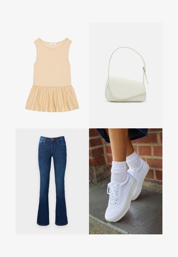 Ärmløs top med en tætsiddende ribbet overdel i lys beige og en flagrende, skinnende, samlet nederdel i en matchende nuance.; Bredde denim jeans i blå farve med mid-rise talje, der har for- og baglommer, orange syninger og knaplukning.; Hvide lærreds sneakers med gummisåler, der har seks snørehuller, rund tå og let sømdetaljer, krydret med hvide ankelstrømper.; Hvid taske i faux læder med en struktureret trekantet form, enkelt justerbart skulderstrop og en flaplås med kurver.