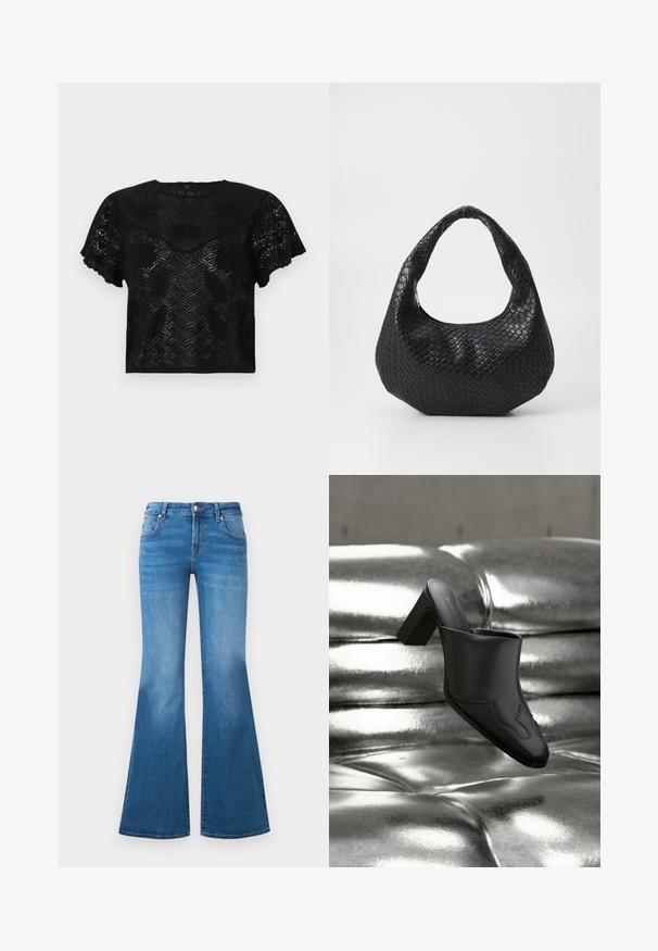 Haut court noir avec texture en dentelle, manches courtes évasées et motifs géométriques. Présente un large décolleté et des bords de manches festonnés.; Jean en denim bleu évasé avec une taille mi-haute, cinq poches et des détails décolorés sur les cuisses. Accents en métal argenté sur les boutons.; Mule en cuir noir avec talon bloc reposant sur une surface argentée brillante capitonnée, mettant en valeur son design élégant et ses détails incurvés.; Sac à main tissé noir avec une poignée courbée, présentant une surface texturée et une forme décontractée. Fini lisse avec une silhouette organique.