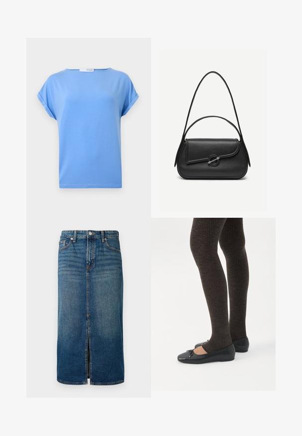 Lysblå kortærmet t-shirt lavet af blødt bomuld. Har en afslappet pasform og opbrettede ærmer med en lige kant.; Mørkeblå denim midi-skjørt med en frontslids, fem lommer og kontrastsyning. Har en knap- og lynlåslukning i taljen.; Ben iført mørke ribbede leggings kombineret med sorte balletsko med små sløjfedetaljer på hvid baggrund.; Sort læderhåndtaske med afrundede kanter, asymmetrisk klap, metalcirkulært spænde samt både korte og lange skulderstropper.