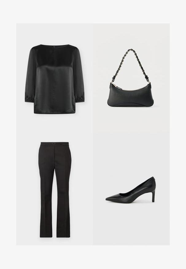 Blouse noire en satin à manches longues, encolure ronde et poignets élastiques, présentée sur un fond uni clair.; Pantalon noir sur mesure à jambes droites, taille avec une petite ceinture et une boucle, présenté sur un fond clair uni.; Escarpin à bout pointu en cuir noir avec un talon fin de hauteur moyenne sur un fond gris clair uni.; Sac à bandoulière en cuir noir de forme rectangulaire incurvée, avec une chaîne dorée tissée dans la bandoulière noire tressée et une fermeture éclair sur le dessus.