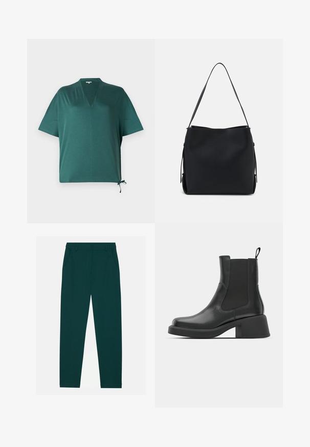 Donkergroene relaxte top met een V-hals, korte mouwen en een strikdetail aan de zijkant. Gemaakt van een soepele, lichte stof.; Donkergroene broek van zachte stof, met twee zijzakken en een rechte pasvorm. Minimalistische stijl zonder zichtbare patronen.; Zwarte leren enkellaarsjes met elastische zijpanelen, ronde neus en een stevige blokhak. Gladde textuur met een minimalistisch ontwerp.; Pieces PCBONY - Handtas - black