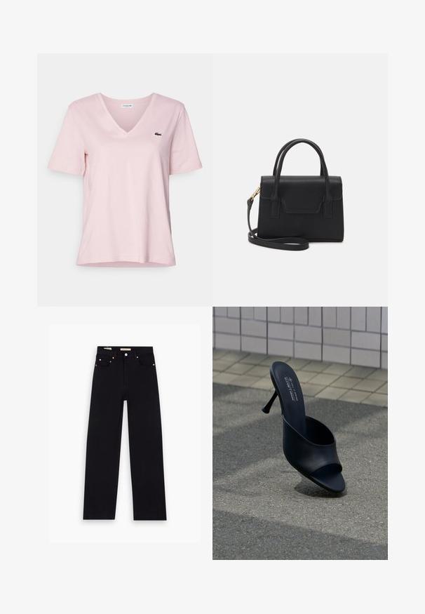 Helles, rosafarbenes Baumwoll-T-Shirt mit V-Ausschnitt und kurzen Ärmeln, ausgestattet mit einem kleinen grünen, gestickten Krokodil-Logo auf der linken Brust.; Schwarze Denim-Jeans mit geradem Schnitt, fünf Taschen, Kupferbeschlägen und einer glatten Textur. Zwei Etiketten sind am Bund sichtbar.; Schwarzer Mule mit offenem Zehenbereich und schlankem hohem Absatz, auf Asphalt neben einer beigefarbenen Wand mit quadratischen Fliesen platziert, innen mit Text zur Marke und veganem Material versehen.; Schwarze strukturierte Handtasche aus Leder mit einem oberen Tragegriff, abnehmbarem Schulterriemen und einer Klappe auf der Vorderseite. Akzente in Goldmetall.
