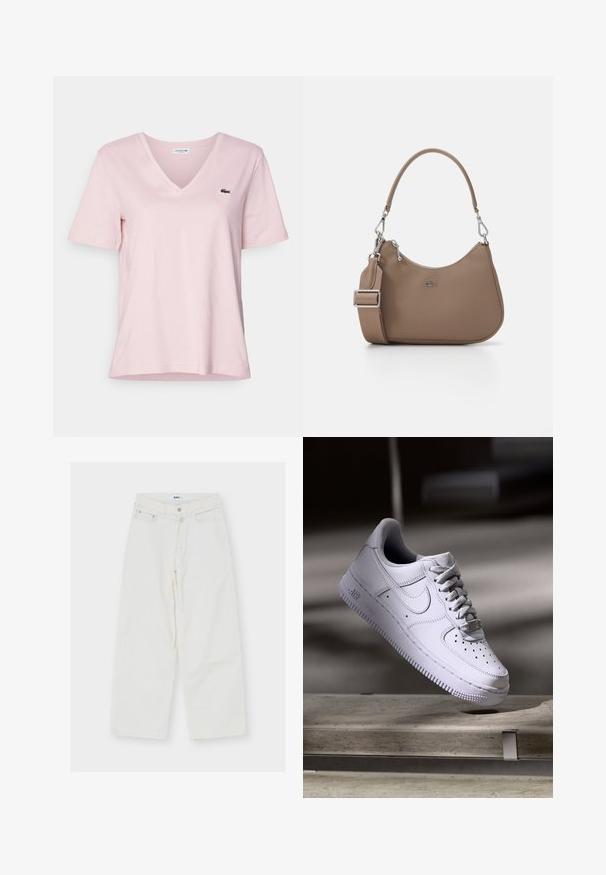 T-shirt en coton rose clair avec un col en V et des manches courtes, arborant un petit logo de crocodile brodé en vert sur la poitrine gauche.; Jean blanc taille haute à jambes larges avec fermeture avant par bouton et zip, passants de ceinture et deux poches avant, posé à plat sur fond blanc.; Baskets Nike Air Force 1 blanches lévitant au-dessus d'une surface en béton avec des ombres dans un cadre minimaliste.; Sac à main synthétique marron avec un design incurvé, doté d'une courte poignée et d'une bandoulière amovible. Quincaillerie en métal argenté et détail de logo.