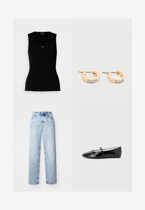 Schwarzes geripptes Tanktop mit quadratischem Ausschnitt, versehen mit einem kleinen Logo-Akzent in der Mitte. Hergestellt aus einem weichen, strukturierten Material.; Hellblaue High-Waist-Jeans mit lockerer Passform, geradem Bein, fünf Taschen und klassischem Knopf- und Reißverschluss.; Schwarze Ballerinas aus Lackleder mit spitz zulaufender Schuhspitze, versehen mit einem kleinen Riemen und einer runden Schnallendetail an der Seite. Flaches Sohlen-Design.; Goldene Creolen mit rechteckigen weißen Einlagen, nebeneinander auf einem schlichten hellen Hintergrund präsentiert.
