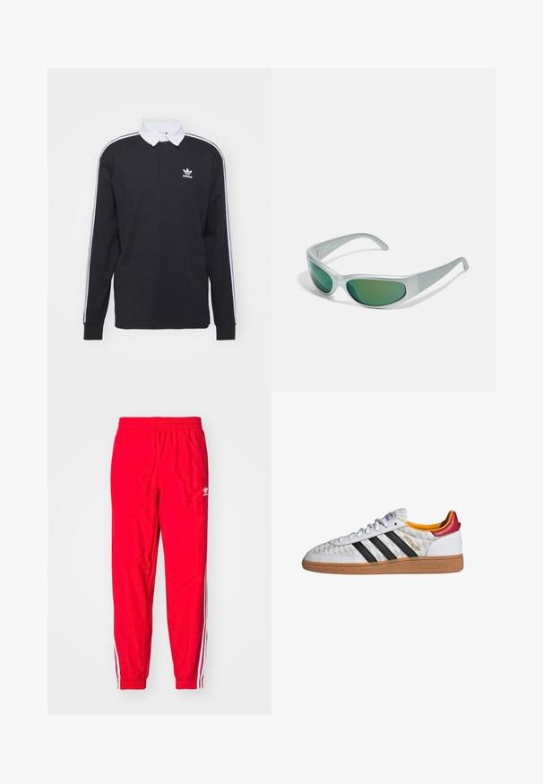 Schwarzes Langarm-Polohemd mit weißem Kragen und drei weißen Streifen entlang der Ärmel; verfügt über ein gesticktes Adidas-Logo auf der Brust.; Rote Sporthose mit elastischem Bund, weißen gestreiften Akzenten an den Seiten und einem kleinen weißen Logo am linken Oberschenkel.; Weißer Adidas Spezial Sneaker mit schwarzen Streifen, Gummisohle, gestepptem Muster, rotem Fersenlaschen und gelber Innenausstattung, Seitenansicht.; Arnette CATFISH - Sonnenbrille - metallic silver