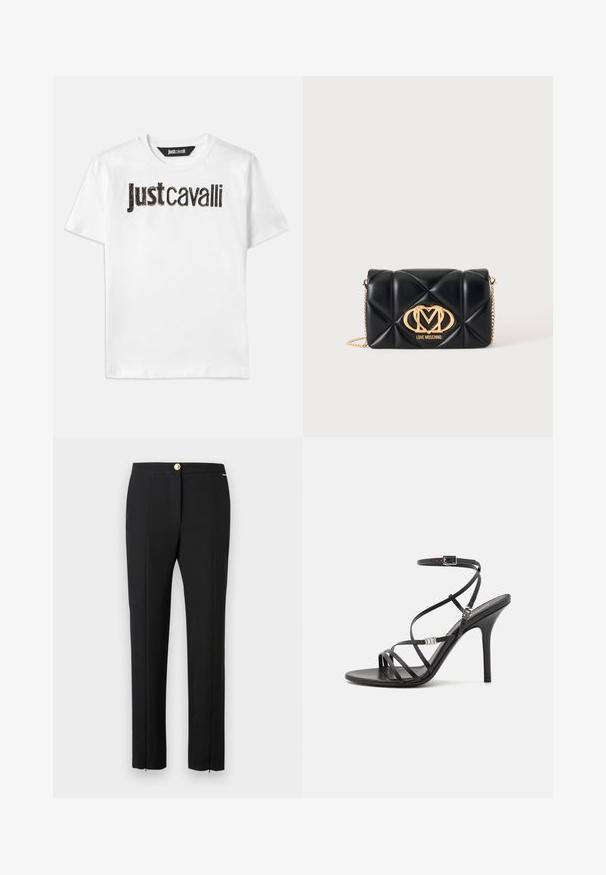 Witte katoenen t-shirt met de tekst "Just Cavalli" in zwart met een gestructureerde afwerking. Klassiek ronde hals en korte mouwen.; Zwarte recht gesneden pantalon voor vrouwen met voorvouw, ritssluiting en goudkleurige knoopsluiting op een effen achtergrond.; Zwarte hoge hakken sandaal met dunne banden, een enkelgesp, een gladleren oppervlak en een slanke stilettohak.; Zwarte doorgestikte leren handtas met gouden kettingriem en gouden Love Moschino-logo aan de voorkant in het midden.