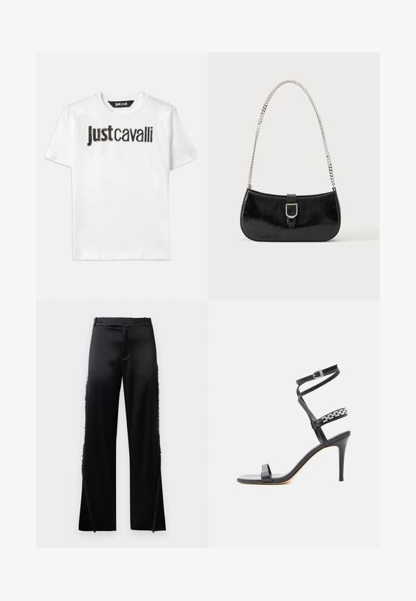 Weißes Baumwoll-T-Shirt mit schwarzem Text "Just Cavalli" in strukturiertem Finish. Klassischer Rundhalsausschnitt und kurze Ärmel.; Schwarze Satin-Hosen mit weitem Bein, die Fransenverzierungen entlang der Seitennähte und einen flachen, elastischen Bund haben. Rückseite schlicht ohne Taschen.; Schwarze Sandalette mit hohem Absatz, schlankem Knöchelriemen, Mittelriemen verziert mit silbernen Kettengliedern und offenem Zehendesign.; Schwarze Schultertasche aus Lackleder mit silberner Schnalle und silbernem Kettenriemen, auf hellem einfarbigen Hintergrund präsentiert.