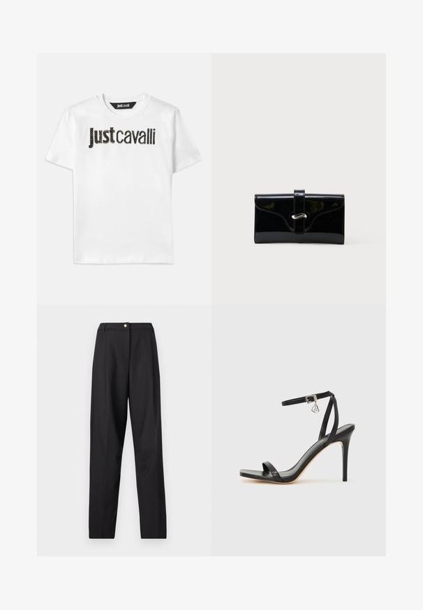 Camiseta de algodón blanca con el texto "Just Cavalli" en negro y un acabado texturizado. Cuello redondo clásico y mangas cortas.; Pantalones negros de talle alto, de corte recto y cierre en la cintura con un solo botón dorado.; Sandalia de tacón alto negra con una estrecha correa en el tobillo, punta cuadrada, material de cuero liso y detalle de hebilla metálica.; Cartera rectangular negra y brillante con una correa frontal y cierre de broche metálico plateado, colocada sobre un fondo blanco liso.