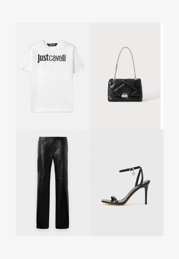 Weißes Baumwoll-T-Shirt mit schwarzem Text "Just Cavalli" in strukturiertem Finish. Klassischer Rundhalsausschnitt und kurze Ärmel.; Schwarze Lederhose mit geradem Schnitt, mit einem Knopfbund, fünf Taschen und sichtbaren Nähten entlang der Säume.; Schwarze High-Heel-Sandale mit schmalem Knöchelriemen, quadratischer Zehenbox, glattem Leder und metallischem Schnallenakzent.; Schwarze, gesteppte Ledertasche mit silbernem Kettenriemen und silbernem Armani Exchange-Logo auf der Vorderklappe.