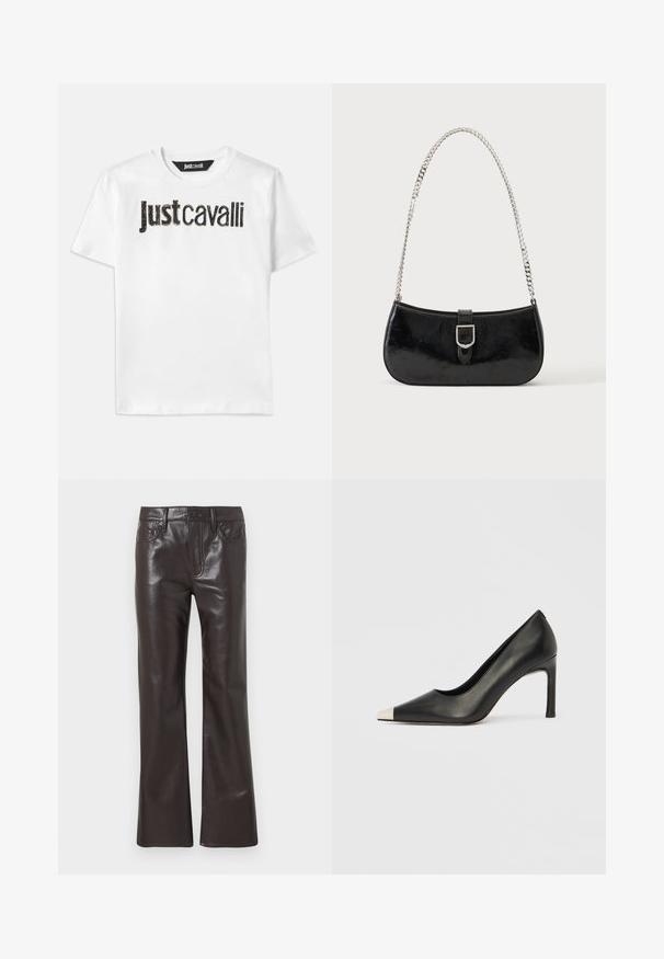 Hvid bomulds t-shirt med "Just Cavalli" tekst i sort med en tekstureret finish. Klassisk rund hals og korte ærmer.; Mørkebrune bukser i imiteret læder med lige ben, knap- og lynlås-lukning, lommer foran og bagpå samt bæltestropper.; Sort læder højhælet sko med spids tå og metal-sølv hætte. Har en glat finish og en slank hæl på 10 cm.; Sort skuldertaske i laklæder med sølv spænde og sølv kæderem, vist mod en ensartet lys baggrund.
